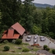 Outdoor wedding reception space near the rustic barn at Laurel Falls